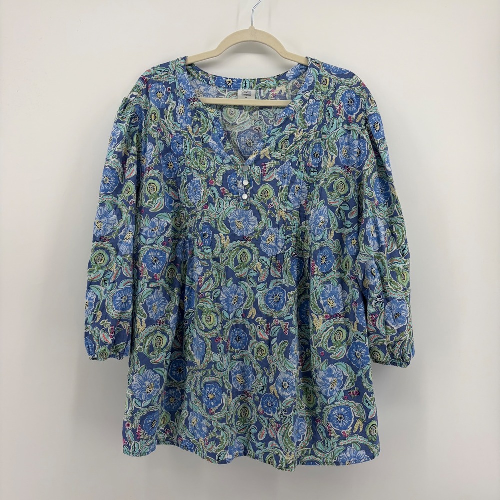 Croft & Barrow Womens 2X Blue Floral Paisley Blouse 3/4 Sleeve Pintuck Top